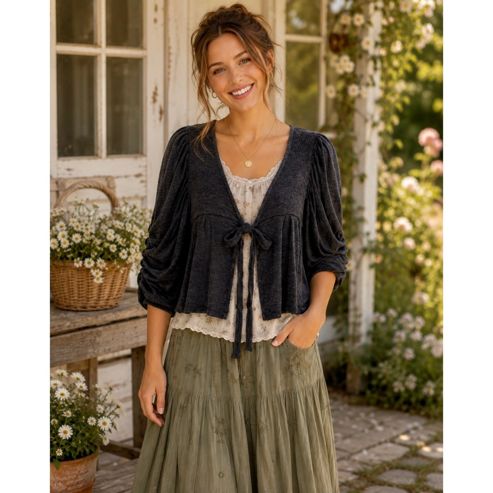 Anthropologie‎ CARTONNIER Tie-Front Puff Sleeve Cropped Cardigan Sweater Medium